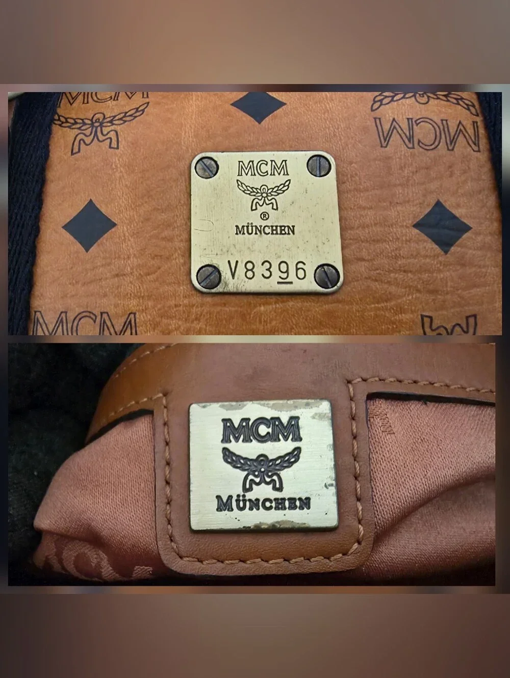 MCM Cognac Monogram Handbag Medium Satchel Bag AUTHENTIC